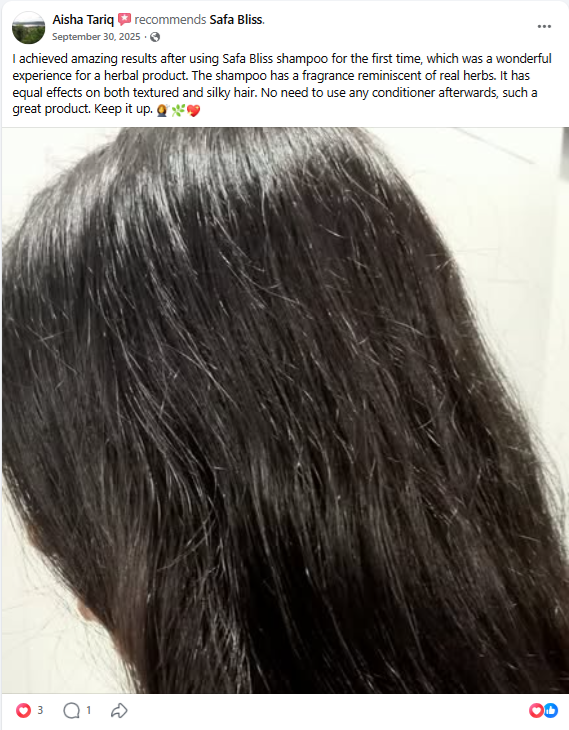Customer feedback from Aisha Tariq about Safa Bliss Miracle Hair Shampoo