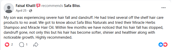 Customer feedback from Faisal Khalil about Safa Bliss hair care