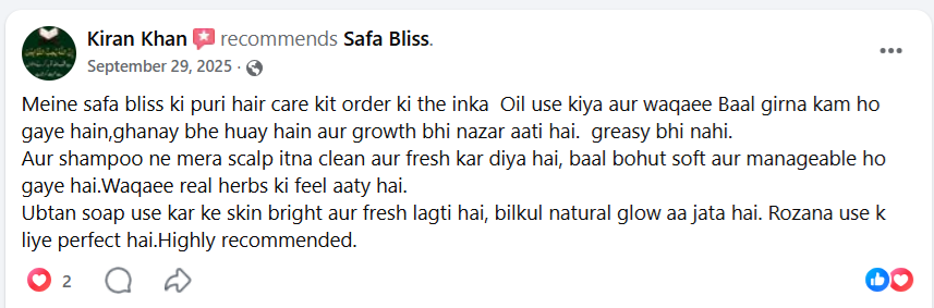 Customer feedback from Kiran Khan about Safa Bliss hair and skincare products
