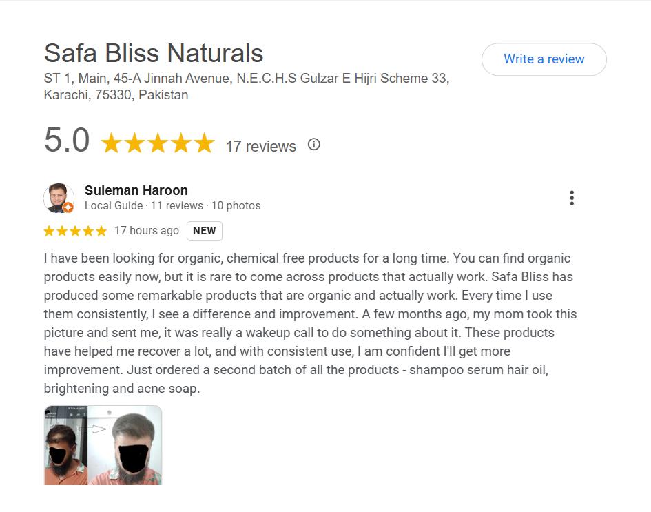 Suleman's Google review for Safa Bliss Naturals